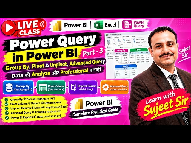 Power Query in Power BI 🔥 Part 3 | Group By, Pivot & Unpivot | Live Class Hindi | Sujeet Sir