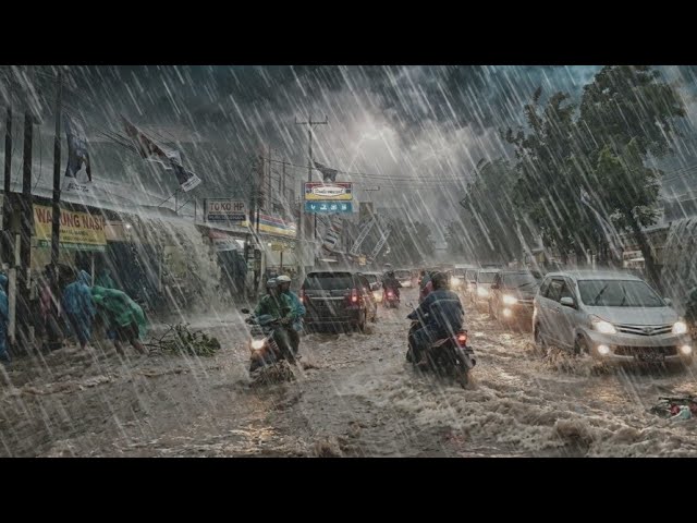WALKING THROUGH A POWERFUL RAINSTROM IN A VILLAGE ON JAVA ISLAND,INDONESIA🌧️⛈️