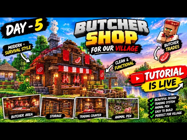 I Built a Butcher Shop! 🥩 | Transforming Minecraft Village Day 5 | Full Tutorial