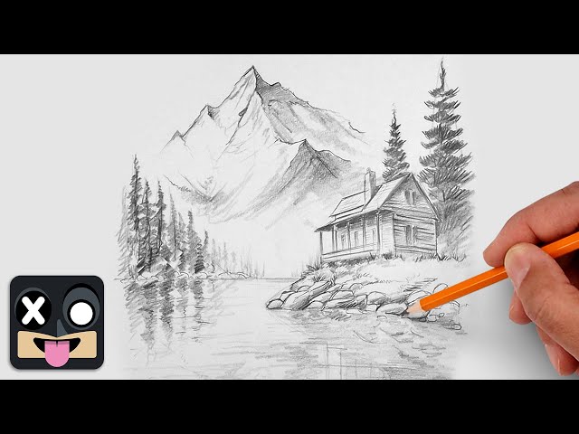 How To Draw a Lakeside Cabin Landscape | Step by Step Art Lesson