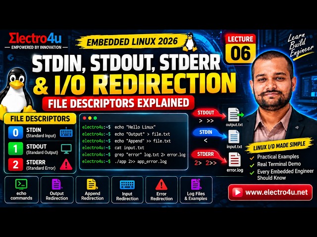 Embedded Linux Lecture 06 | STDIN, STDOUT, STDERR & I/O Redirection | File Descriptors