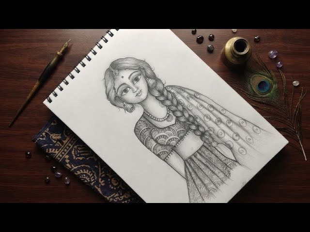 Beautiful Traditional Girl Pencil Sketch Drawing | Easy Step by Step Drawing
