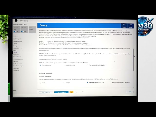 Alienware Aurora 16 How to Enable Disable Absolute Persistence synced edited
