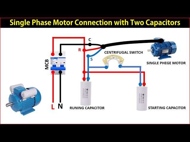 Single Phase Motor Connection with Two Capacitors |  capacitor start capacitor run motor ।