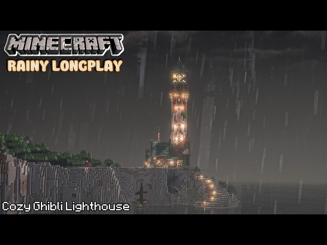 Minecraft Relaxing Rainy LongPlay •Rainy Cozy Ghibli Lighthouse•Stormy Rocky Harbour • No Commentary