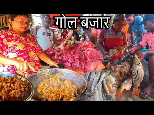 GOL BAZAR SIRAHA🇳🇵 रु-१०० मा आधा केजी रांगाको मासु फ्राई😱Buffalo meat cooking in Nepali🥓