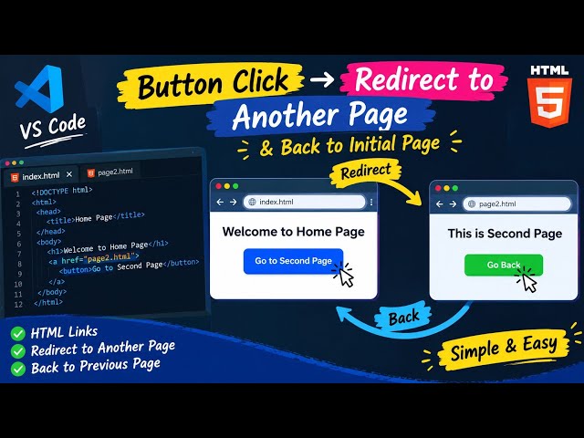 🔥 HTML Button Click → Redirect to Another Page →Back to Initial Page! 💻🚀#code #html #vscode #youtube