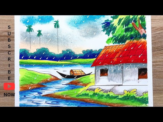 Riverside rainy season drawing/Beautiful scenery of nature drawing/Rainy day village scene drawing