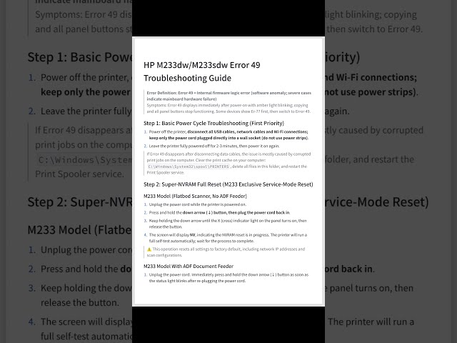 HP M233dw/M233sdw Error 49 Trouble Shooting Guide