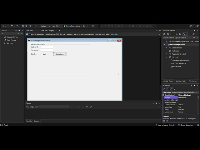 Creating a Student Registration Windows Form using Visual Basic in Visual Studio Community 2026.