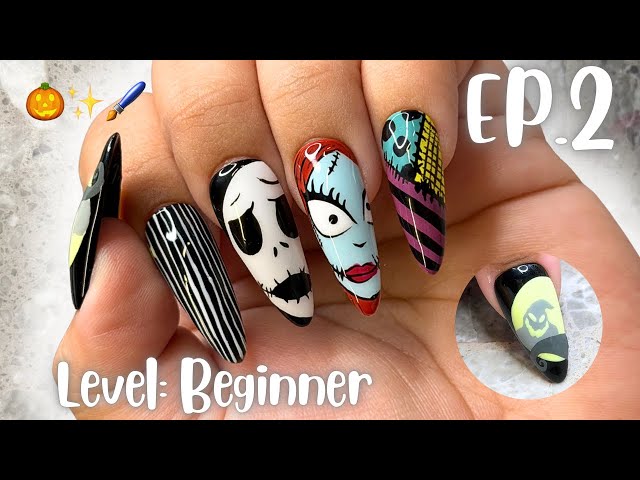 Nail Art Class: Ep.2 BEGINNER Learn with me step by step! The Nightmare Before Christmas Nails 💅🏼🎃