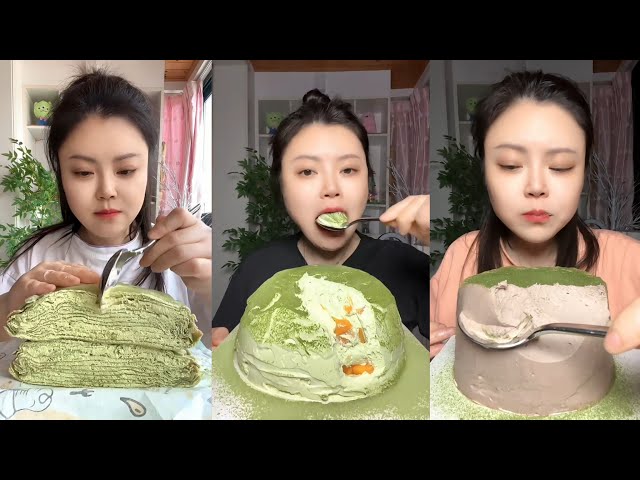 Eating Matcha Mille Crepe, Green Tea Layer Cake & Matcha Cream Cake ASMR Mukbang | Soft Sweet Eating