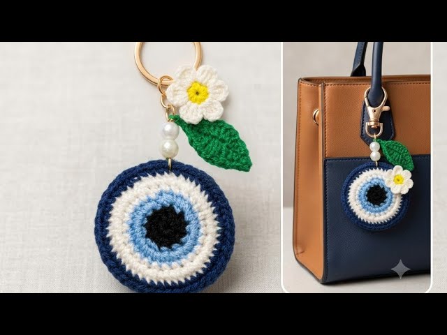 ​Evil Eye with Daisy flower crochet Keychain tutorial | 🧿 Simple crochet project with leftover yarn