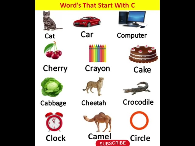 Words That Start With C/English Alphabet/C for Car, c - Cat,c - cake,c - cherry,c - crayon,c - crow
