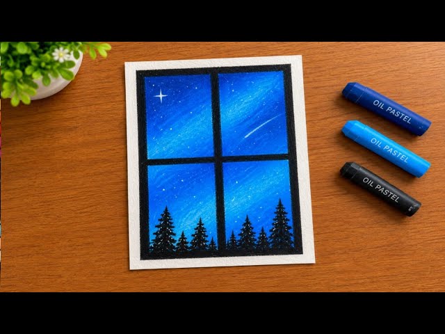 Beautiful Night Window Scenery Drawing with Oil Pastels | Easy Step by Step