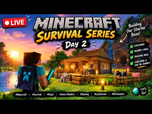 BUILDING OUR STARTER BASE! 🏠 Minecraft Survival Series - Day 2 (Java + Shaders)