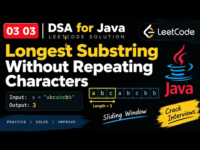 DSA for Java 03 03 | LeetCode 3 Solution | Longest Substring Without Repeating Characters