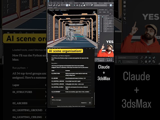 Wow! AI organizes the scene in just a command! #claude #3dsmax #mcp #techart #3d #3dsmax #3dart #3ds