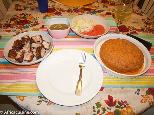 Adokougbi Pinon, Fried Turkey Tails with Gari Fufu. Croupions de dinde Gari Pinon,  from TOGO