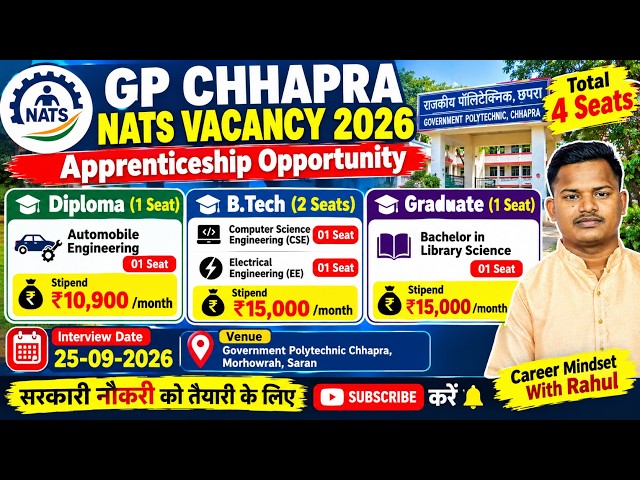 GP Chhapra NATS Vacancy 2026 | 4 Seats | ₹10,900–₹15,000 Stipend | Interview 25 Sept #shorts #reels