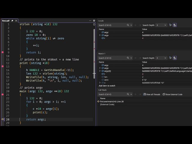 Selfish Language, a new systems programming language: double pointers and strings