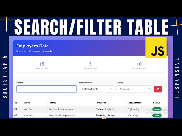 Bootstrap 5 Search Filter Table | Employee Records with Dropdown Filters & JavaScript