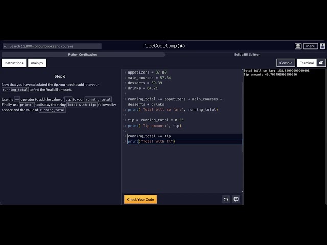 FreeCodeCamp - Python Project  - Step 6 to 8 - Build a Bill Splitter
