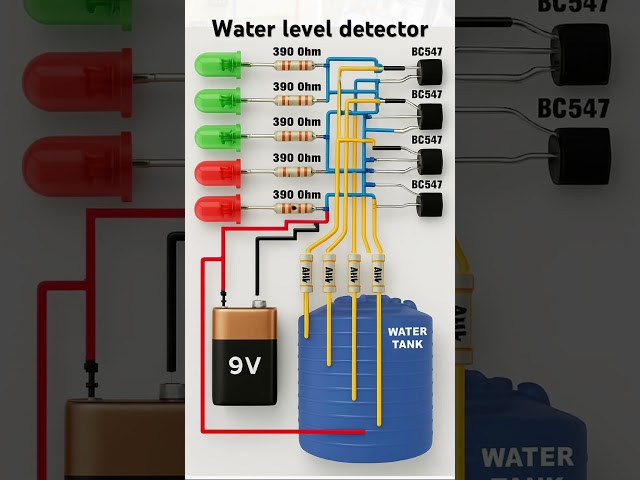 Water level indicator simple circuit #water #level #transistor #bc547transistor #9voltbattery