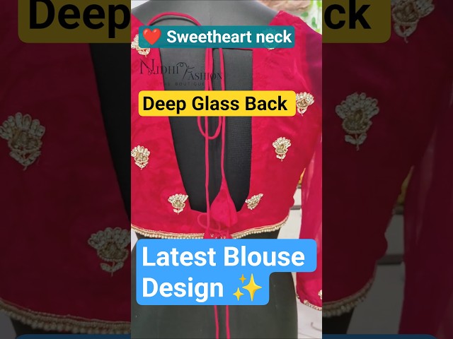 Front Sweetheart Neckline Deep Glass Back Neck Blouse  3/4 Net Sleeves Latest Designer Blouse #short
