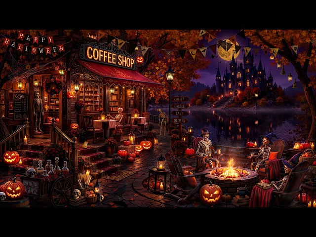 🎃Spooky Jazz Night by the Haunted Lakeside Coffee Shop Ambience | Falling Leaves, Fireplace Crackles