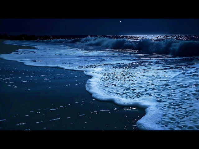 10 Hours Ocean Waves at Night for Deep Sleep - Relaxing Tropical Beach at Night for Sleeping