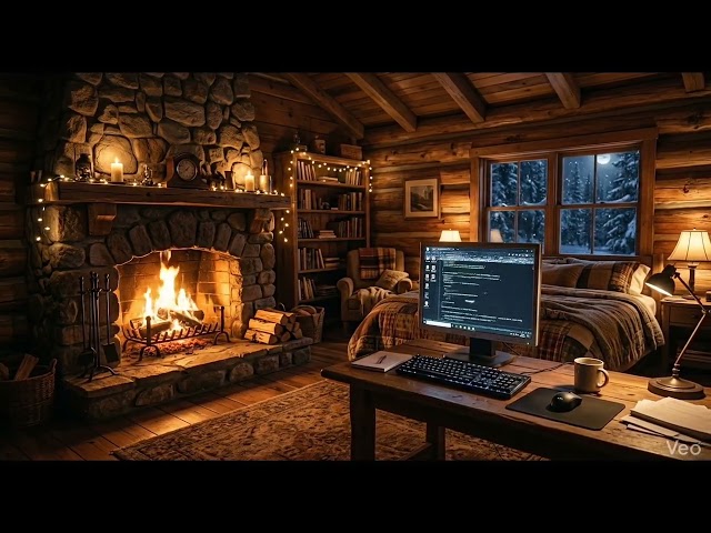Cozy Cabin Ambience | Glitchy Screen & Crackling Fireplace (Lofi Beats)