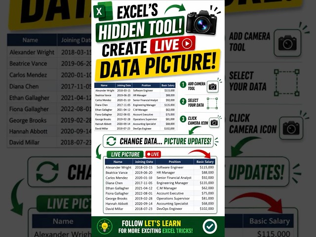 Excel's Hidden Camera Tool! 📸 Create LIVE Dynamic Pictures #excel #hacks
