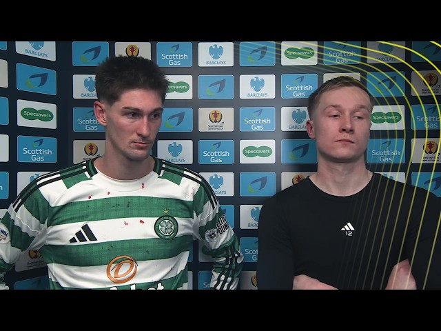Viljami Sinisalo and Tomáš Čvančara speak after Celtic's shootout win against Rangers