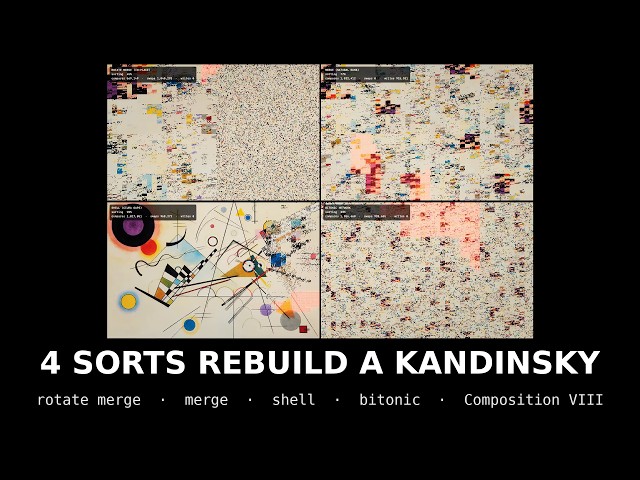 Rotate Merge vs Merge vs Shell vs Bitonic: 4 Sorts Rebuild a Kandinsky