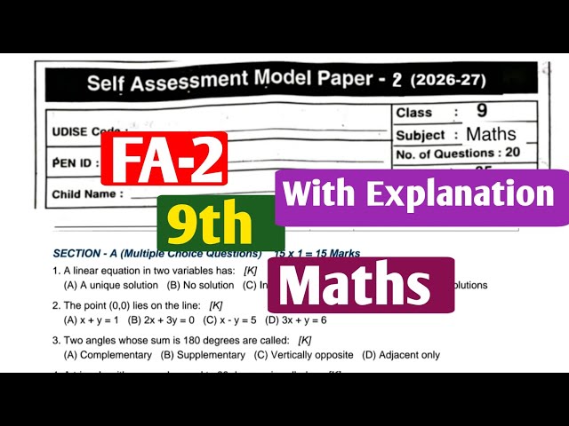 9th Class Maths Self Assessment Model Paper-2 (2026-27)|FA-2|with Explanation |Real paper| HR Maths