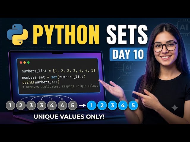 🐍 Python Sets Explained | Day 10 | Python for Beginners# Hashtags#Python #PythonForBeginners #Coding