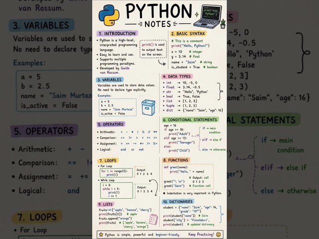 🐍 Python Quick Notes in Just 10 Seconds! #Python#PythonProgramming #Coding #LearnPython #Programming