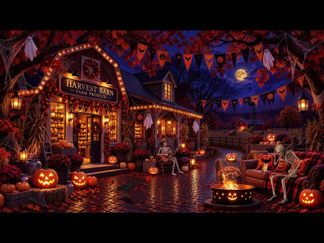 When Halloween Falls on a New England Pumpkin Farm🎃 Spooky Jazz Music, Fire Crackles & Autumn Leaves