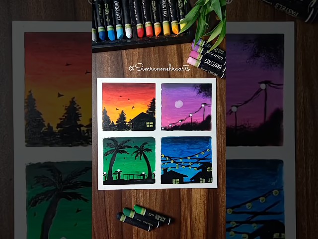 4 wonderful Super Easy Sunset Scenery Drawing | Oil Pastel Art for Beginners