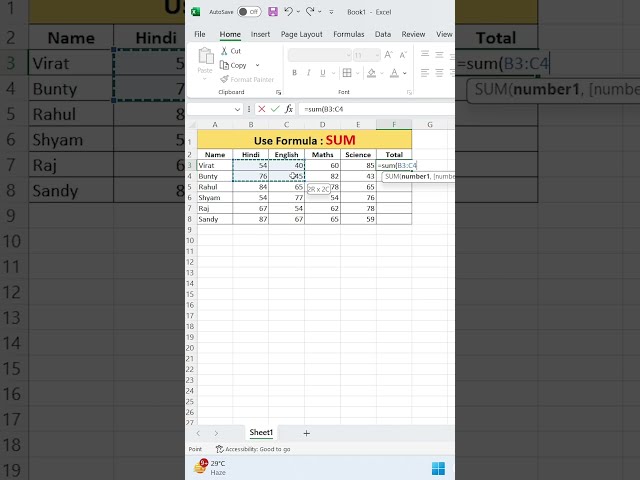 Excel : Sum formula