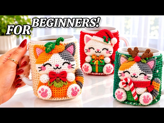 SUPER EASY 😍VIRAL CHRISTMAS CAT MUG COZY 🎄🐱BEST-SELLING Crochet Pattern for BEGINNERS