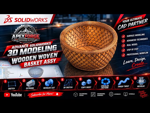 WOODEN WOVEN BASKET ASSY | Advanced SolidWorks 3D Modeling, #solidworks #engineering #cad #cadcam 