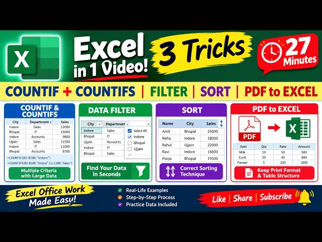 Excel Practical Training | COUNTIF, COUNTIFS, Sorting, Filtering & PDF Import