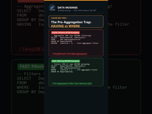 Junior Mistake #1: STOP Filtering in HAVING! 🛑 #sql #database #programming