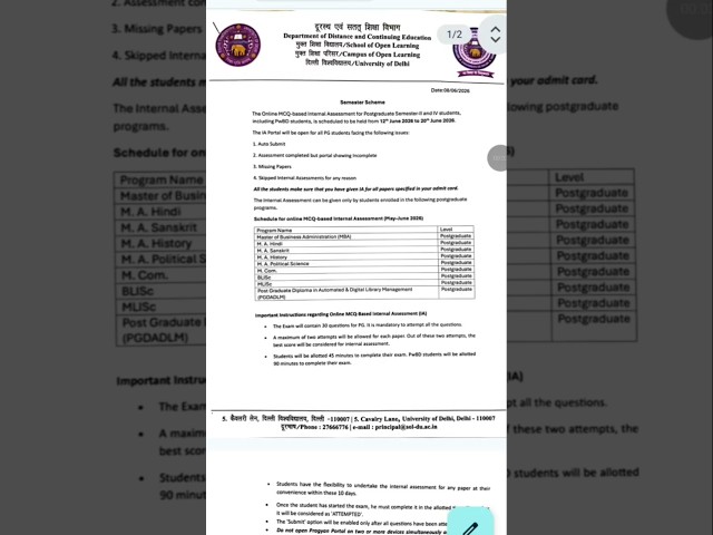 DU SOL PG INTERNAL ASSESSMENT LAST DATE EXTENDED ( SEM 2/4 )