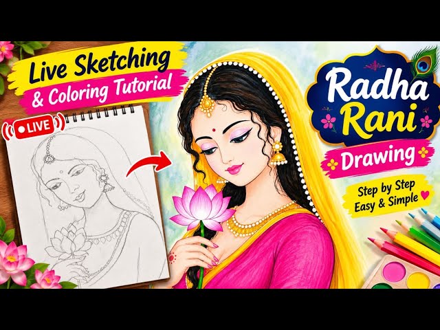 Radha Rani Live Drawing Tutorial | Sketching and Coloring Tutorial