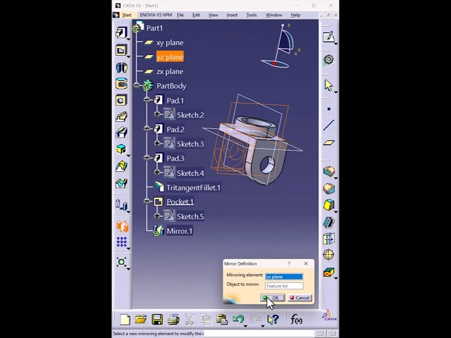 CATIA V5 Part Design | Pad, Pocket, Mirror & Fillet #shorts