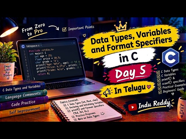 Day - 5| Data Types, Variables & Format Specifiers in C | C Programming in Telugu