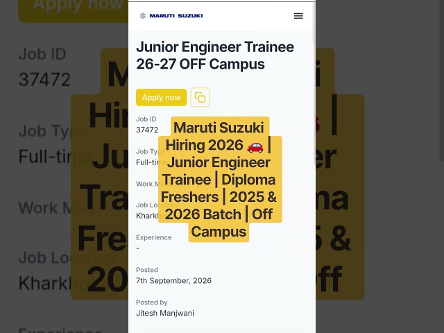 Maruti Suzuki Hiring | Junior Engineer Trainee | Diploma Freshers | 2025 & 2026 Batch | Off Campus